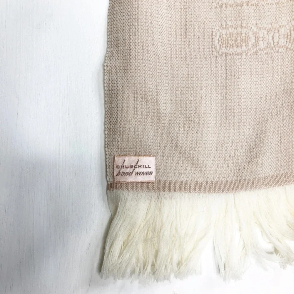 Churchill Handwoven Shawl Scarf tan knit fringe 63"x27" - Picture 10 of 10